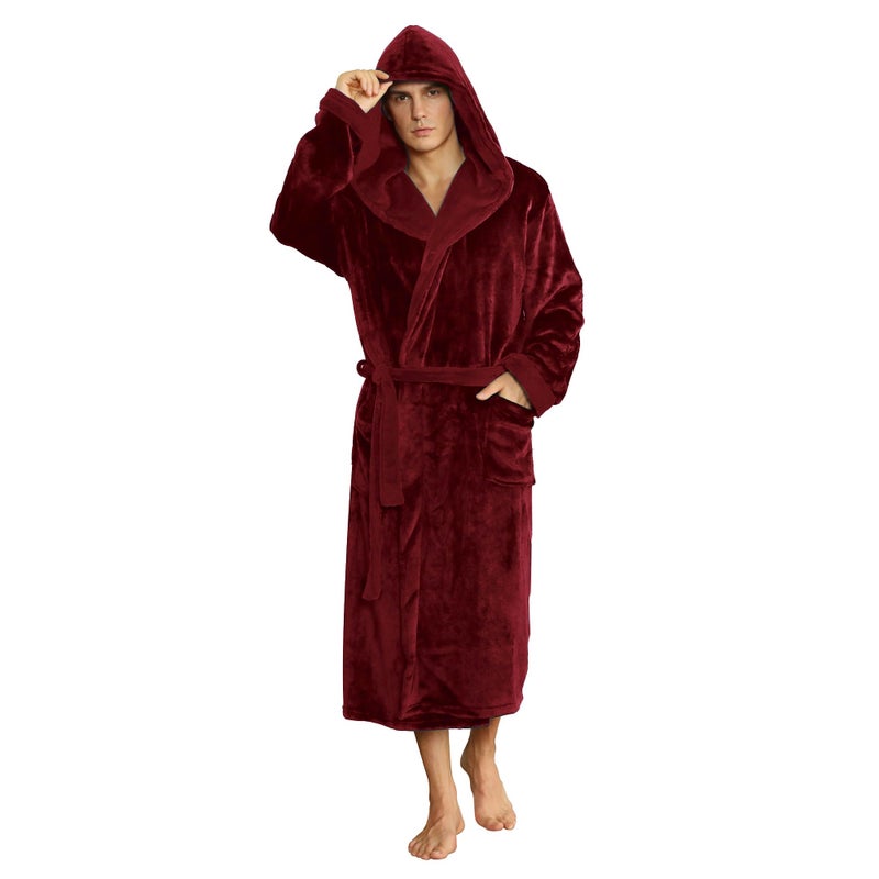 U2SKIIN Mens Fleece Hooded Robe Plush Bathrobe (Wine Red, L/XL) - Image 1